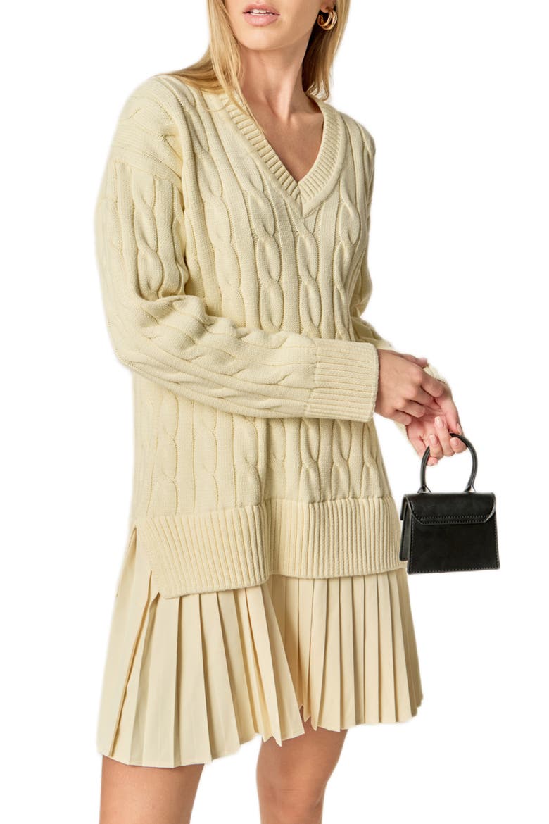Long Sleeve Pleated Mixed Media Sweater Dress, Alternate, color, CREAM