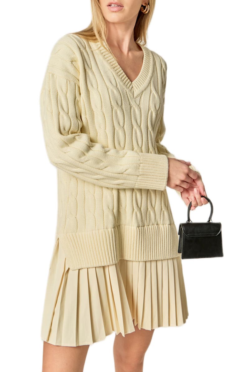 English Factory Long Sleeve Pleated Mixed Media Sweater Dress, Alternate, color, Cream
