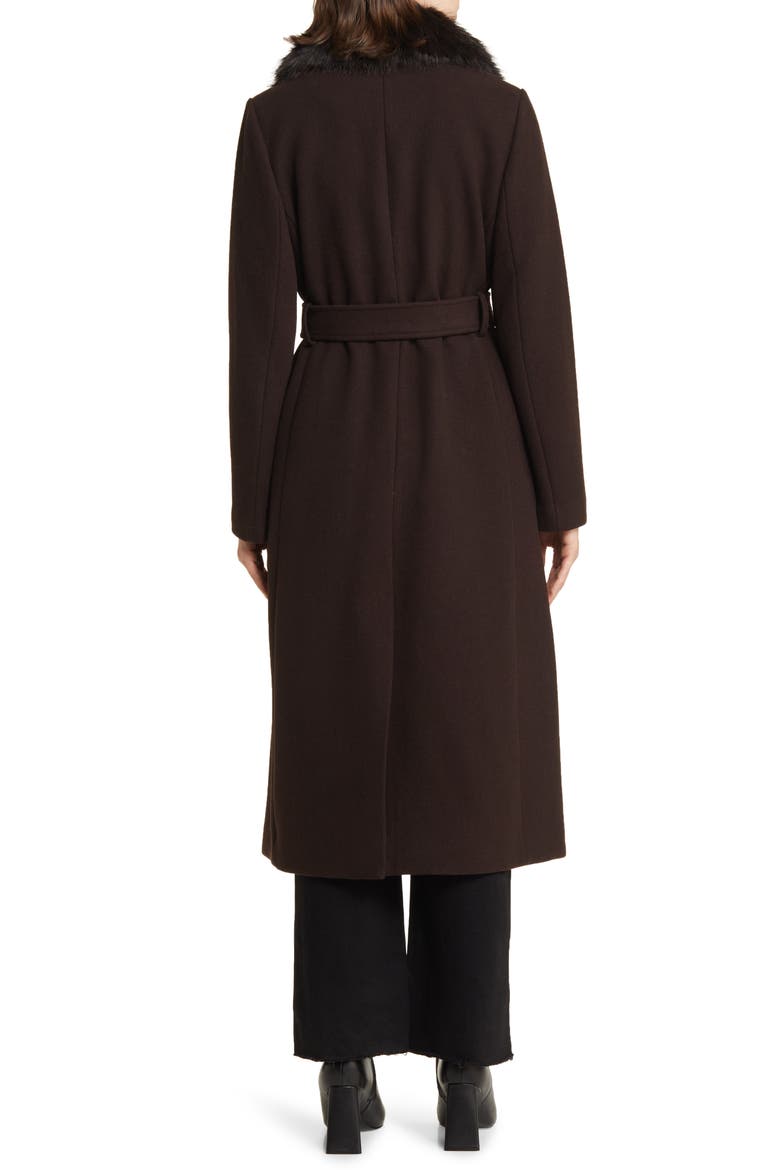 Belted Longline Wool Blend Coat with Faux Fur Collar, Alternate, color, CHOCOLATE