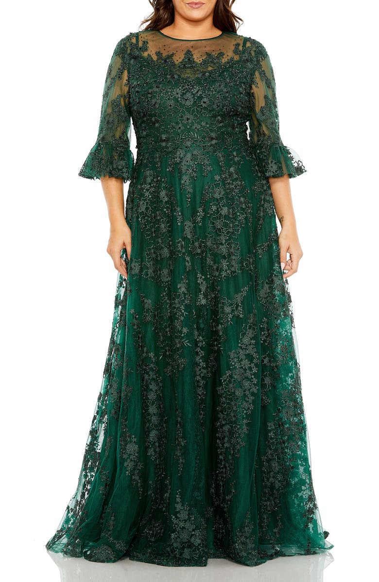 Mac Duggal High Neck Flutter Sleeve Embroidered A Line Gown, Main, color, Emerald