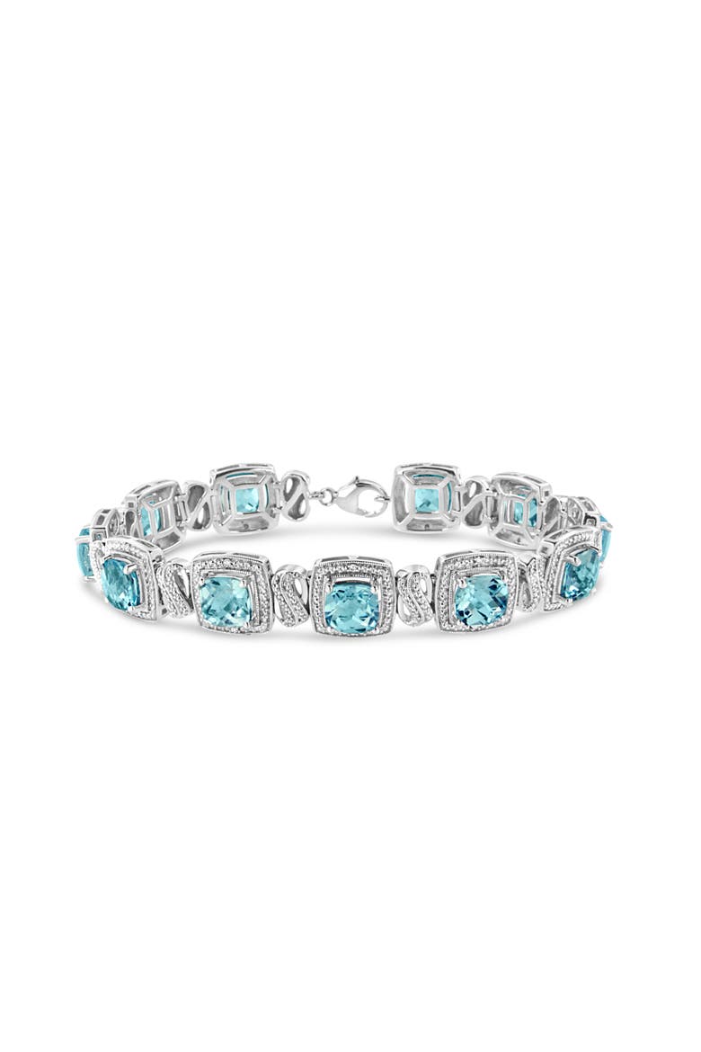 .925 Sterling Silver 7x7 mm Cushion Cut Blue Topaz and 1/10 Ctw Single Cut Diamond Square Shape Tennis Bracelet, Main, color, Blue Topaz