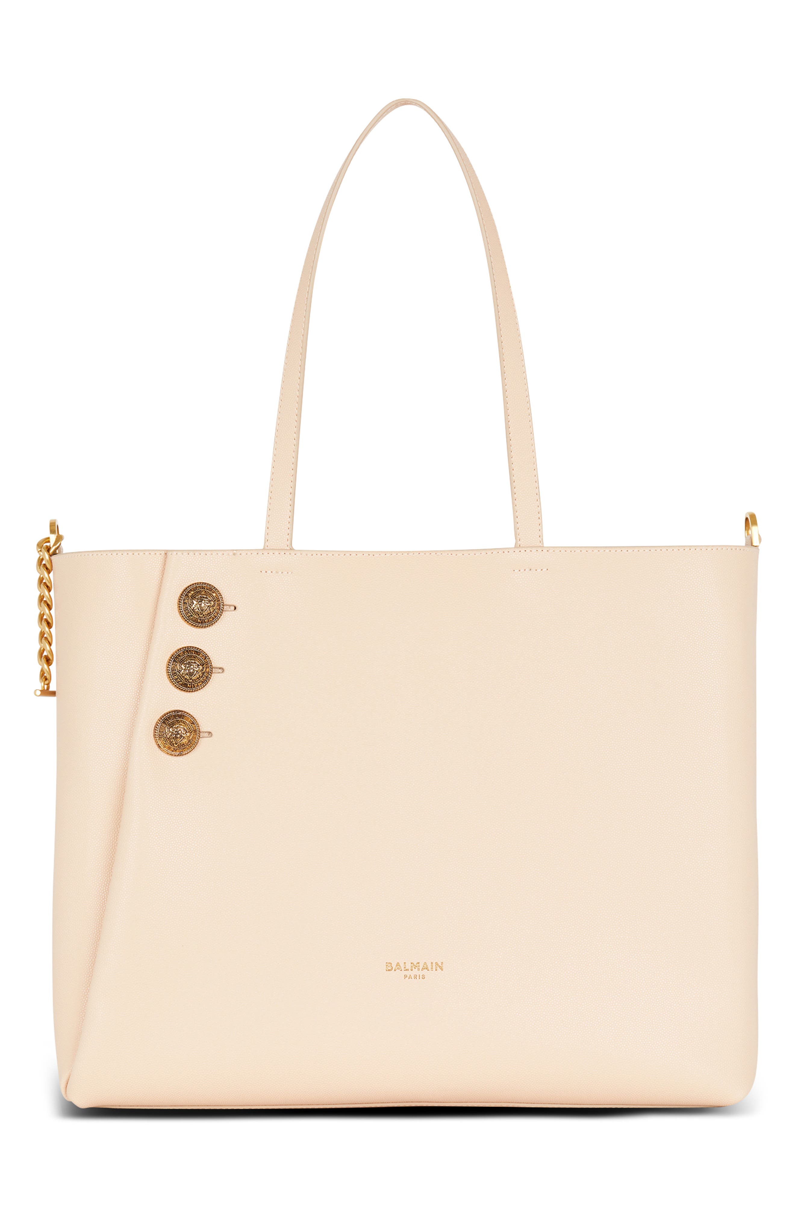 Balmain Emblem Crest Button Calfskin Shopper, Alternate, color, 
