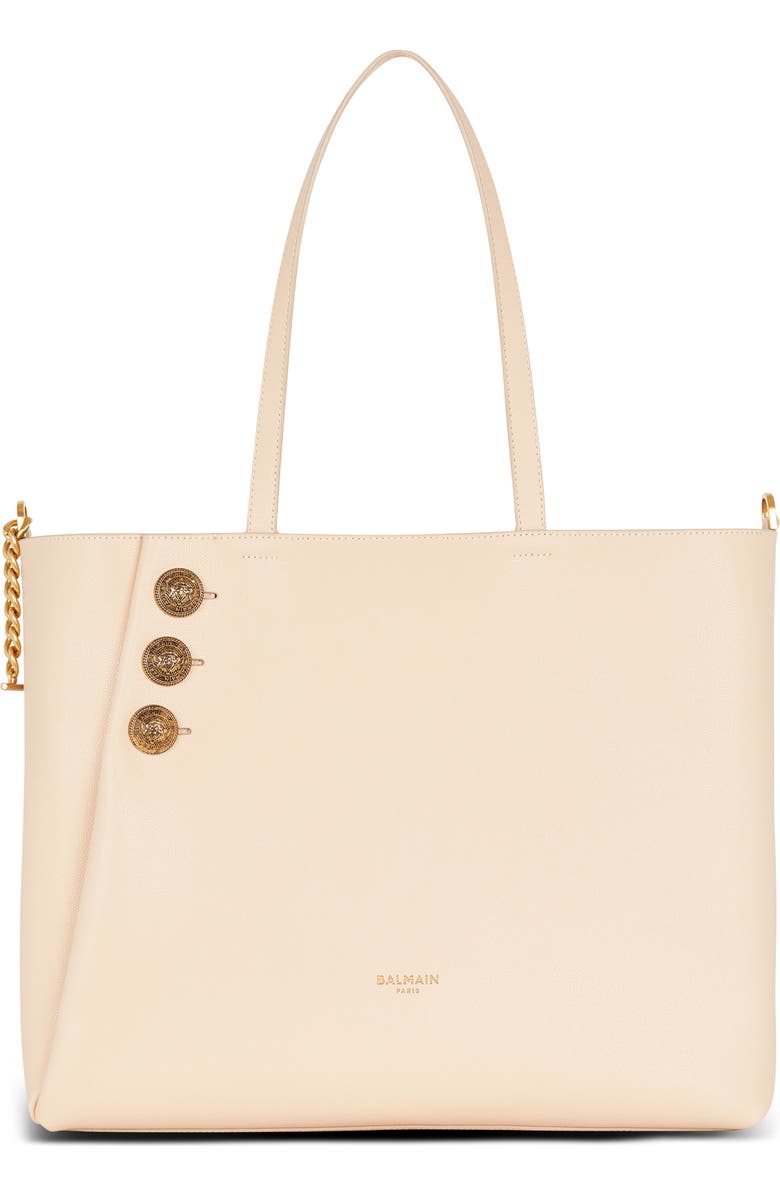 Balmain Emblem Crest Button Calfskin Shopper, Alternate, color,
