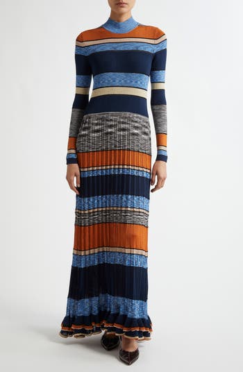 【ULLA JOHNSON】国内発送★Evangeline Dress Evangeline Dress - Adriatic Blue Orange Striped Long Sleeve