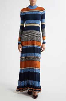 Ulla Johnson Evangeline Stripe Rib & Pleat Mock Neck Maxi Dress