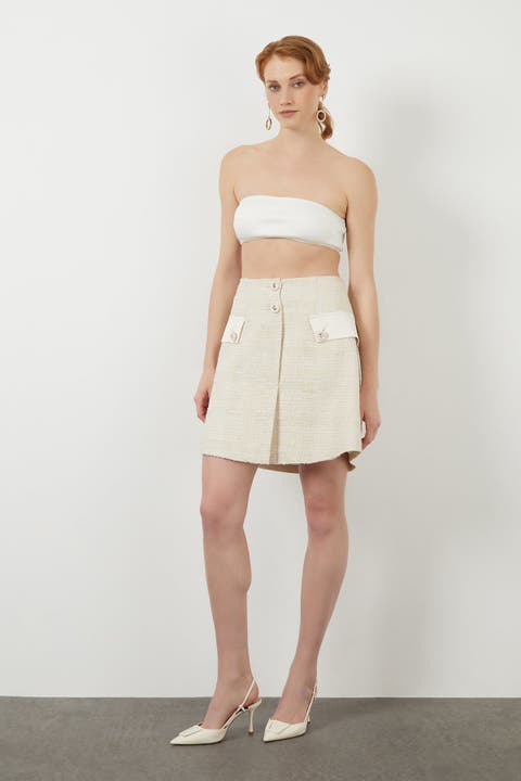 Button Detail Off-White Lined Mini Skirt