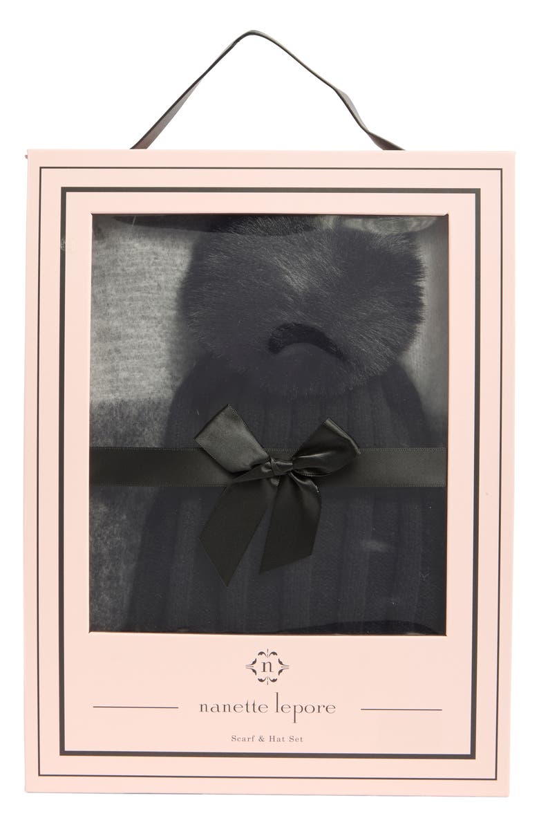 Nanette Lepore Faux Fur Pompom Beanie & Scarf Set, Alternate, color, Black