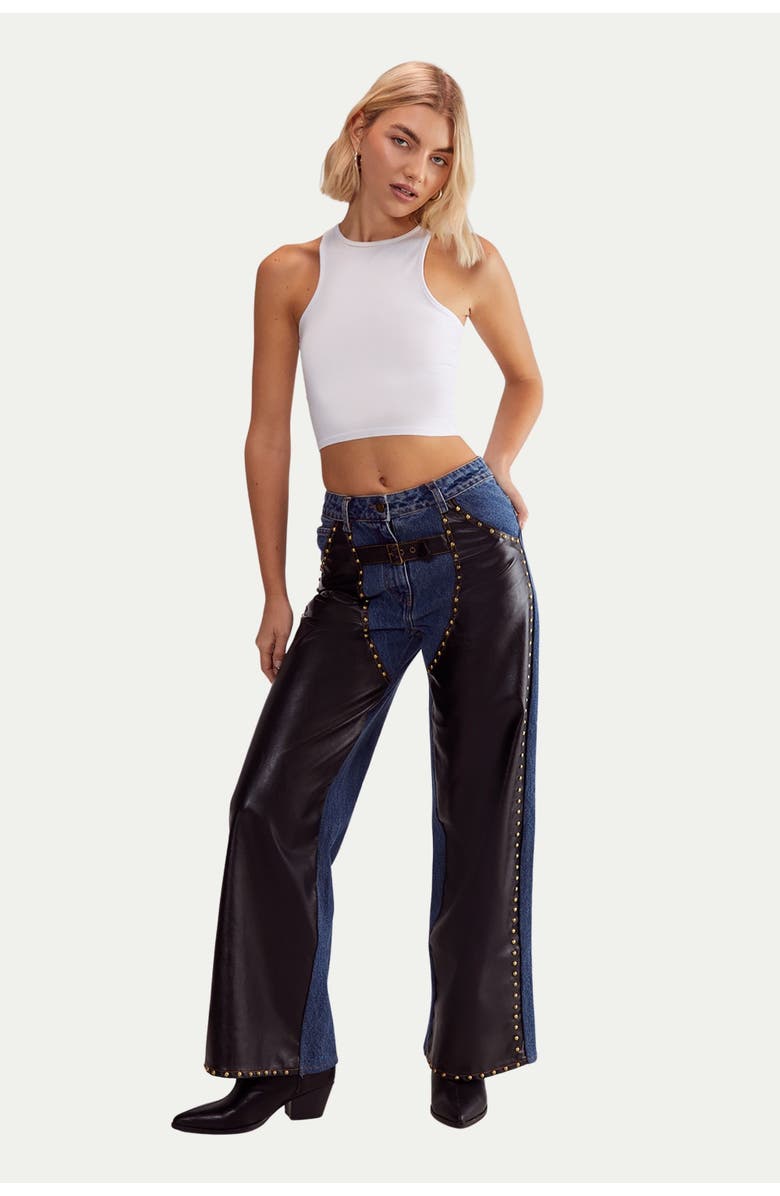 NASTY GAL Straight Leg Denim Pu Mix Chap Jeans, Alternate, color, Dark Wash