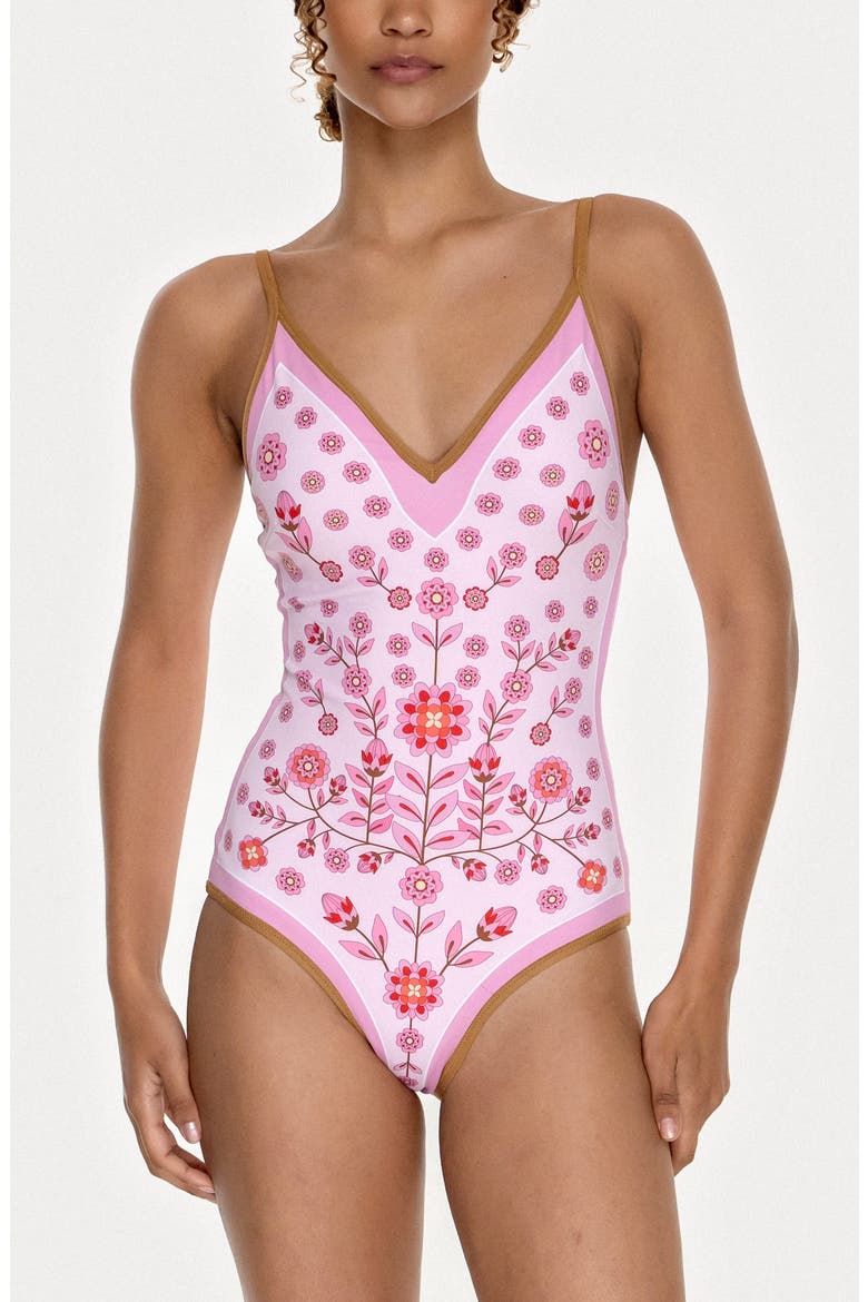 Pink Garden Reversible V-Neck One-Piece Swimsuit, Main, color, Pink