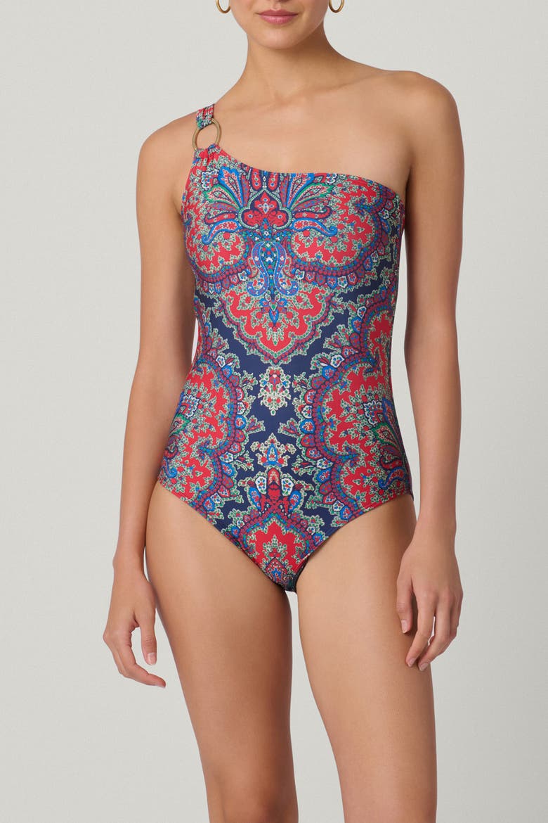 Bateau Medallion Print Ring One Shoulder One-Piece, Main, color, Navy/Multi