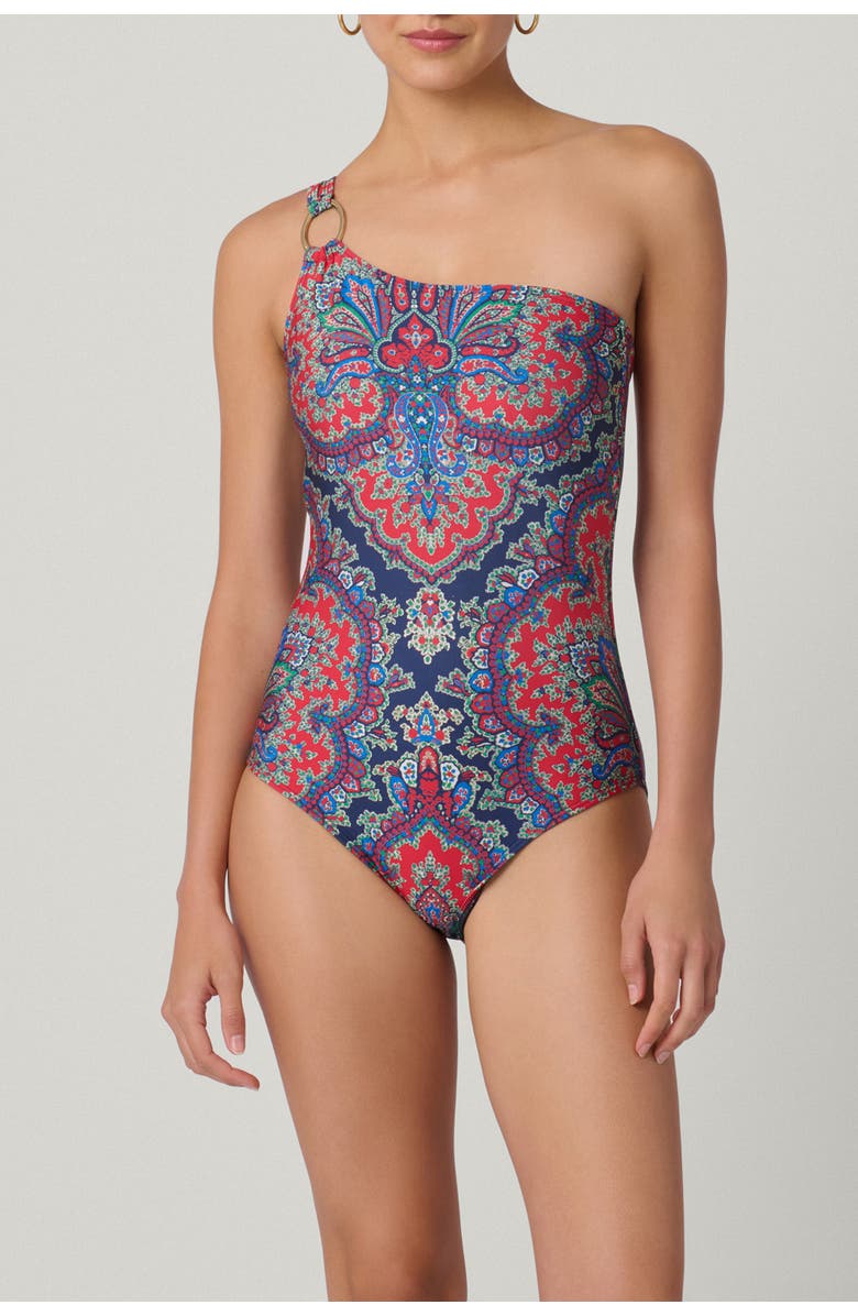 Shoshanna Bateau Medallion Print Ring One Shoulder One-Piece, Main, color, Navy/Multi