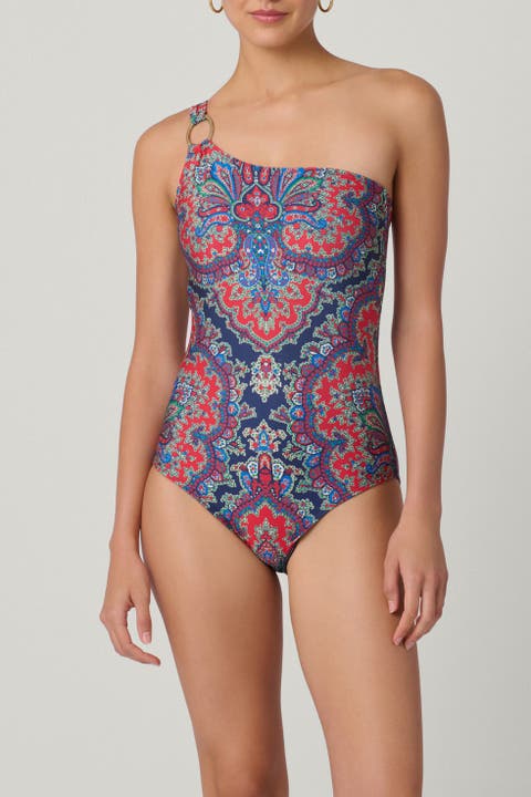 Bateau Medallion Print Ring One Shoulder One-Piece