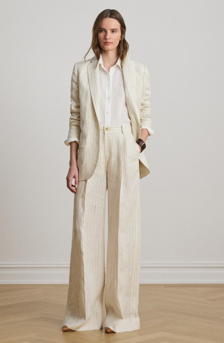 Lauren Ralph Lauren Stripe Linen Pants, Alternate, color, Ivory Multi