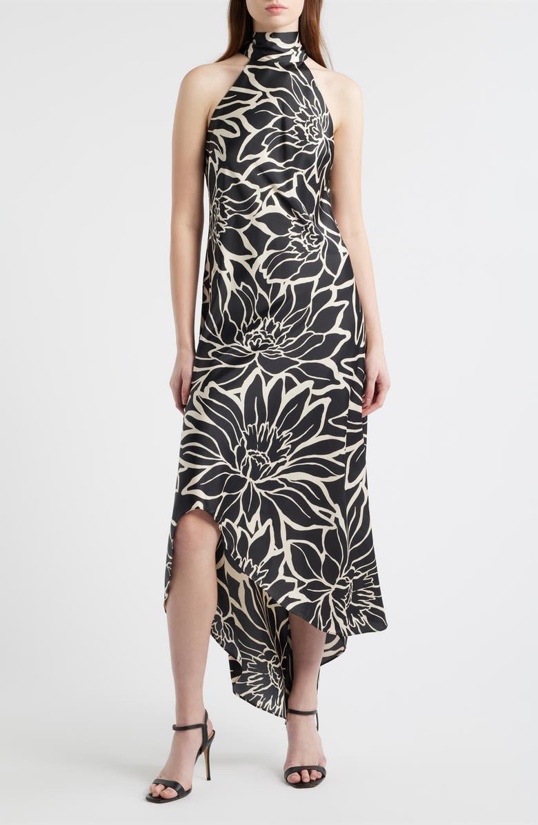 CeCe Floral Halter Neck Godet Hem Maxi Dress, Main, color, Rich Black