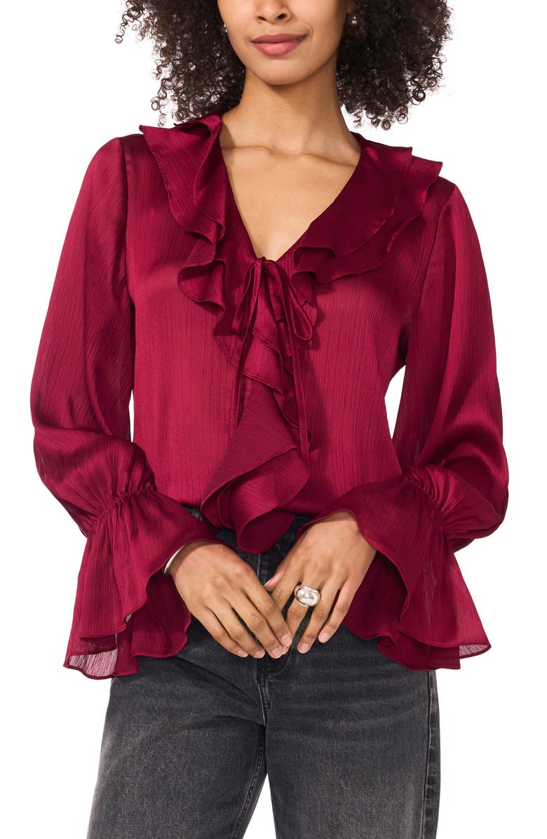 Vince Camuto Ruffle Detail Textured Top, Main, color, Deep Sangria