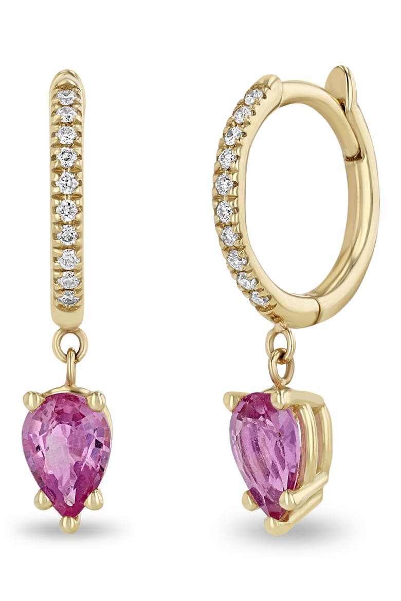 Diamond Pavé & Pink Sapphire Hoop Drop Earrings, Main, color, 14K YELLOW GOLD