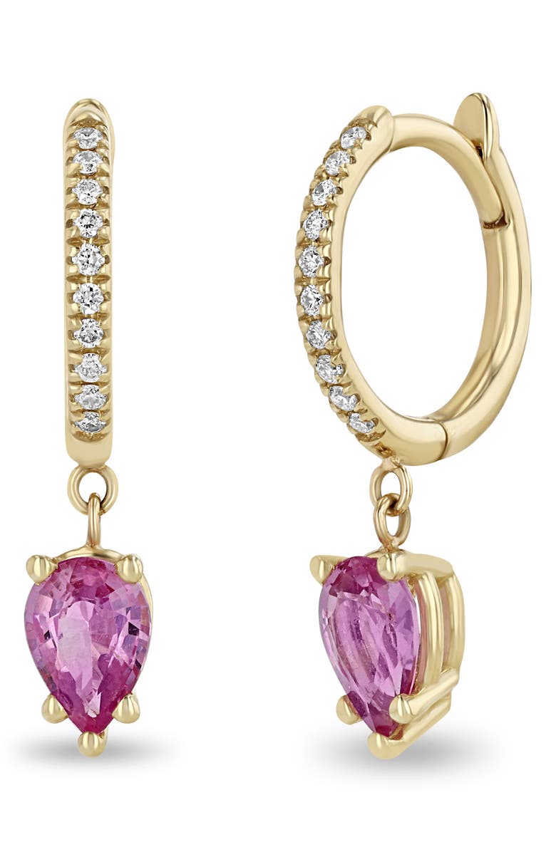 Zoë Chicco Diamond Pavé & Pink Sapphire Hoop Drop Earrings, Main, color, 14K Yellow Gold