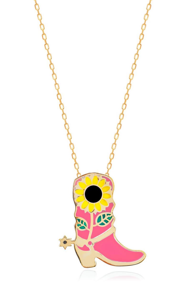 GABI RIELLE 14K Gold Plated Sterling Silver Enamel Sunflower Cowgirl Boot Pendant Necklace, Main, color, 