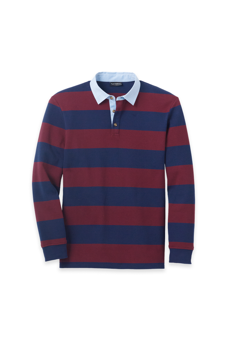 Long Sleeve Cotton/Polyester 3-Button Polo With Woven Collar, Main, color, Navy/Burgundy