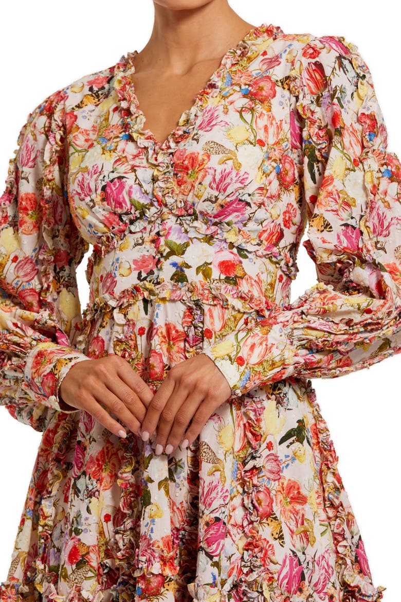 Ruffle Floral V Neck Cotton Mini Dress, Alternate, color, Pink Multi