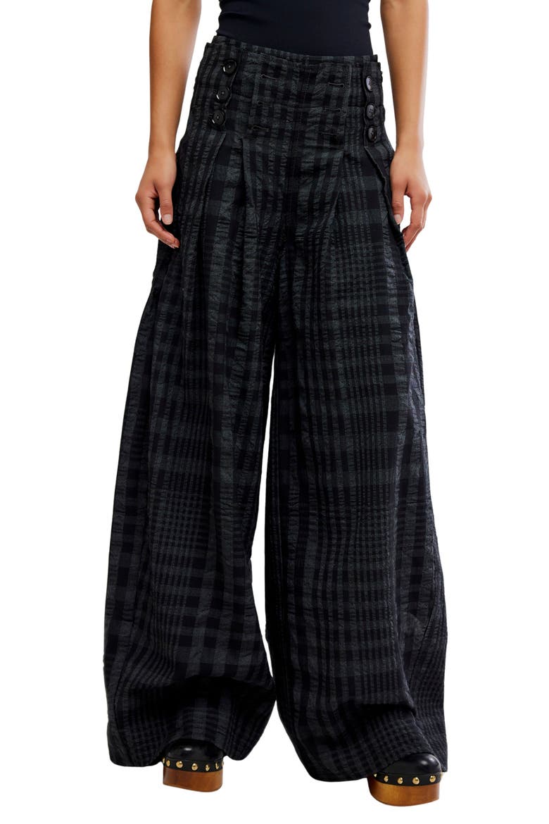 On the Move Plaid Cotton & Wool Blend Wide Leg Pants, Main, color, BLACK NAVY PLAID COM
