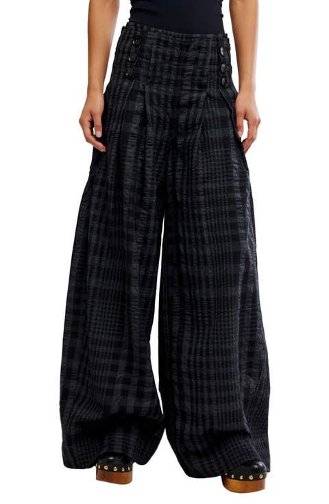 On the Move Plaid Cotton & Wool Blend Wide Leg Pants