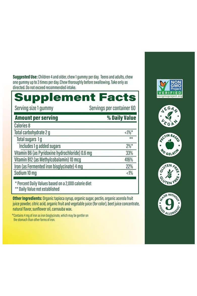 Iron Energy Gummies for Adults, Teens & Kids with Vitamin B12 & B6, 60 Strawberry Gummies, Alternate, color, None