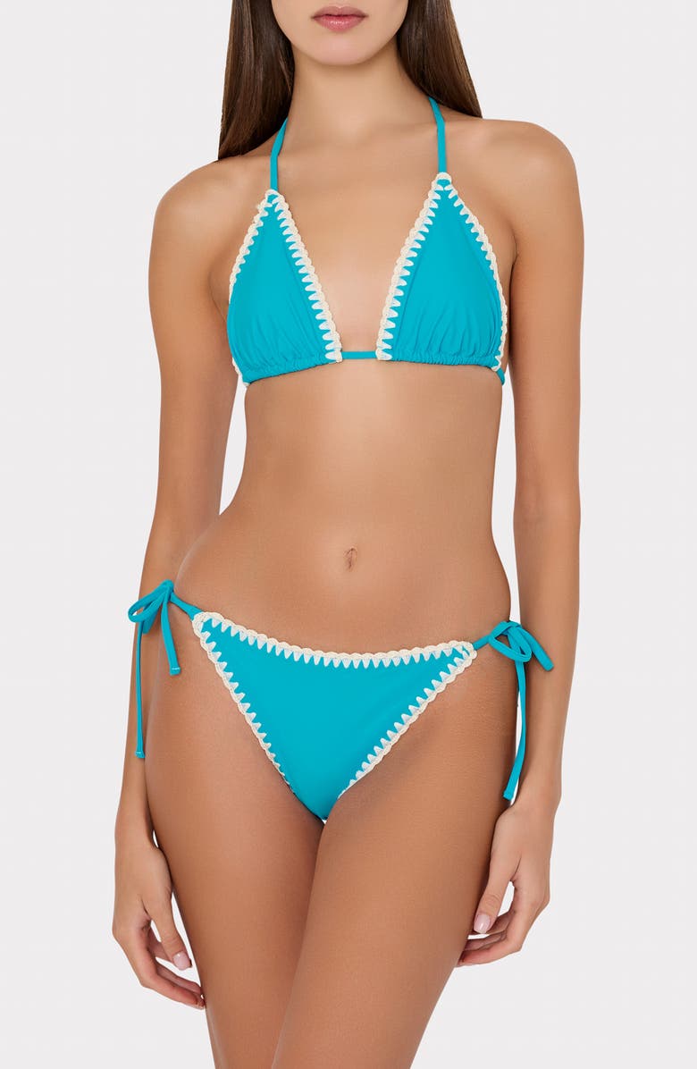 Milly Whipstitch Detail String Bikini Bottoms, Alternate, color, Teal