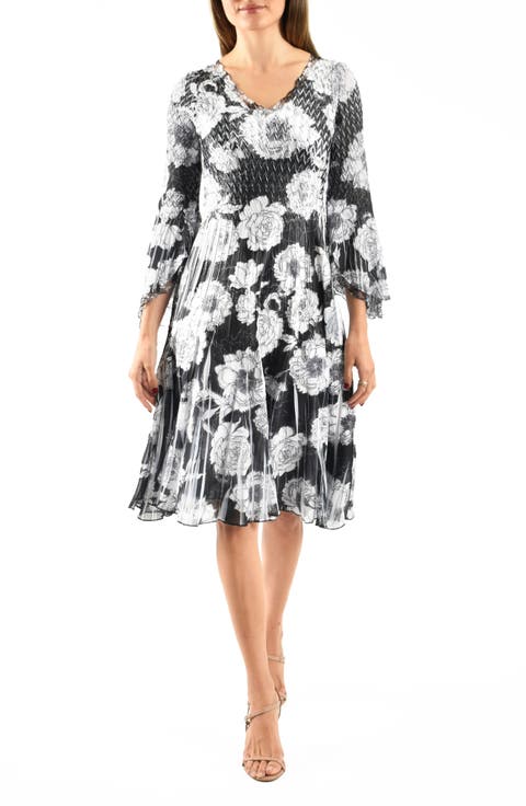 Bell Sleeve Charmeuse & Chiffon Cocktail Dress