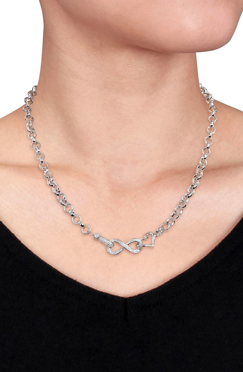 DELMAR Diamond Heart Infinity Necklace & Bracelet Set, Alternate, color, Silver