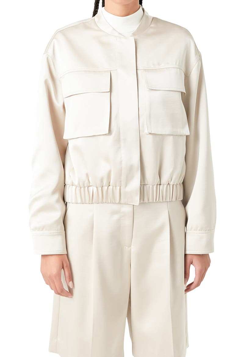 Cargo Pocket Satin Bomber Jacket, Alternate, color, CREAM