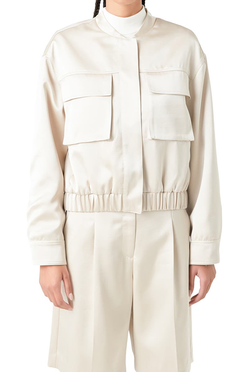 Grey Lab Cargo Pocket Satin Bomber Jacket, Alternate, color, Cream