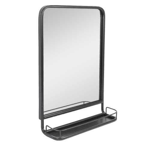 Metal Framed Rectangle Wall Mirror with Shelf, Black