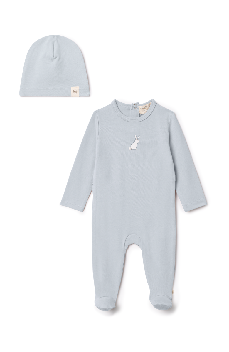 Bebe Bella Boy Bunny Print Modal Jersey Romper with Matching Hat, Main, color, Blue Mist