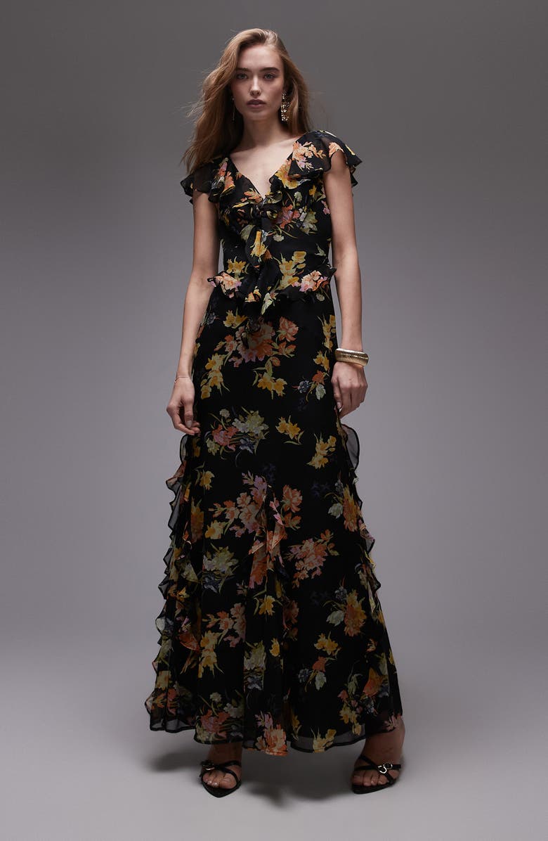Topshop Floral Ruffle Maxi Dress, Main, color, Black