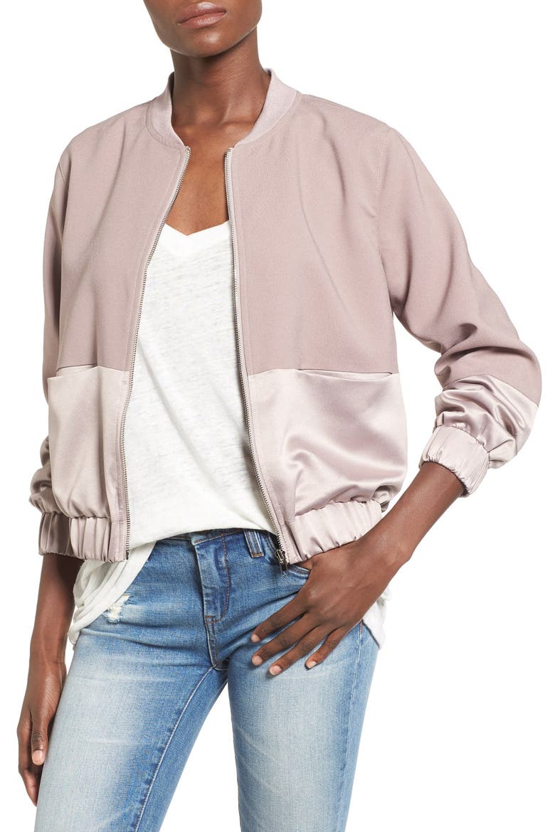 Satin & Faux Suede Bomber Jacket, Main, color, MAUVE