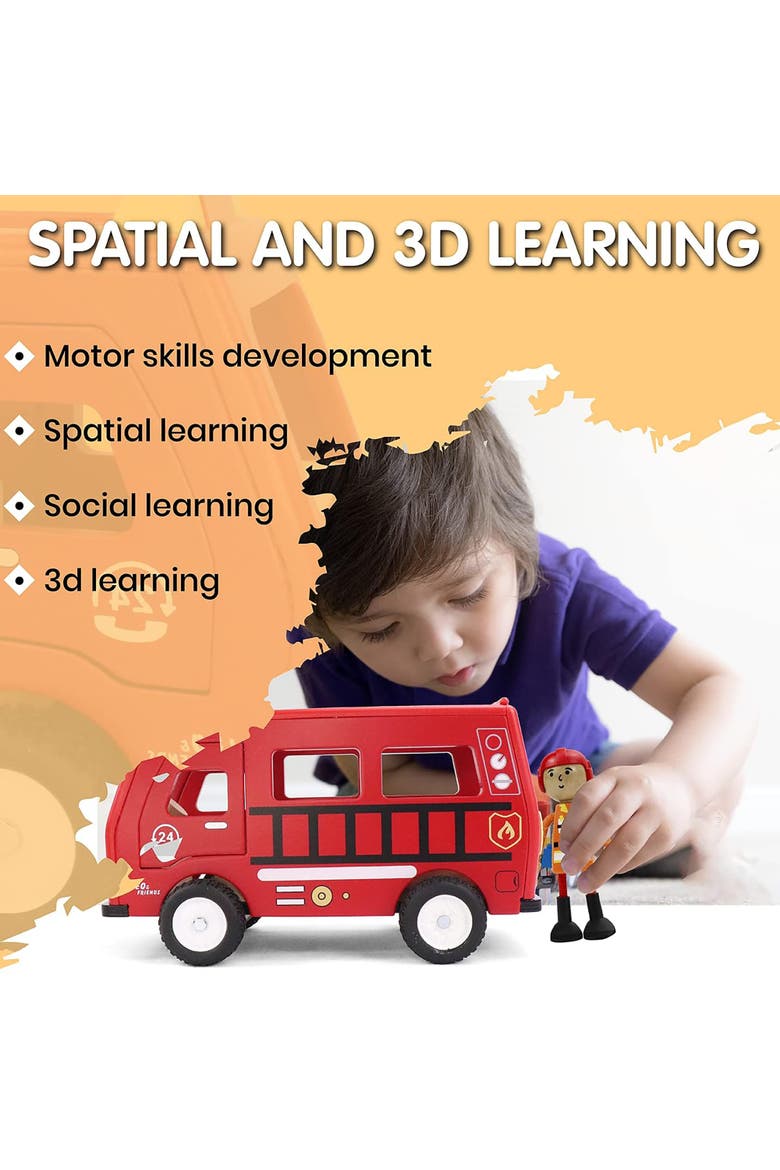 Fire Truck Play Set, 3-Piece Wooden Play Kit with Fire Truck, Firefighter, and Dog Included, Alternate, color, Red