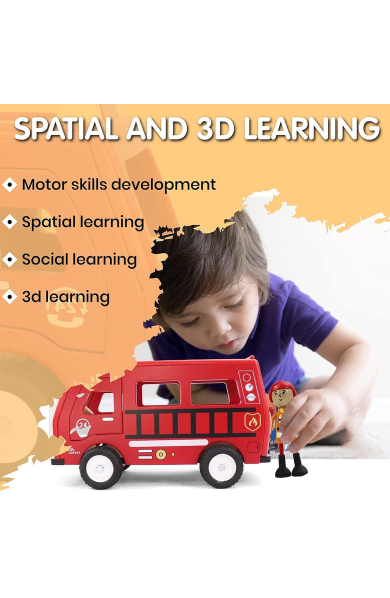 Leo & Friends Fire Truck Play Set, 3-Piece Wooden Play Kit with Fire Truck, Firefighter, and Dog Included, Alternate, color, Red