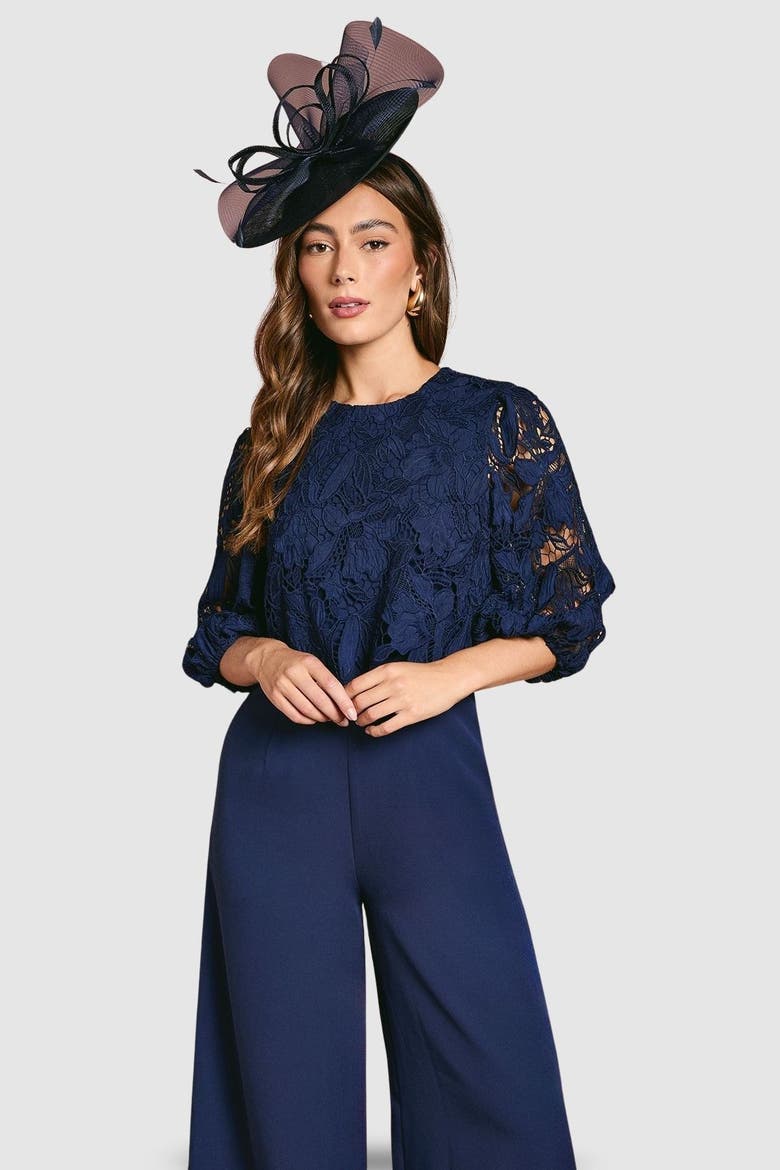 Lace Overlay Wide Leg Jumpsuit, Alternate, color, Navy