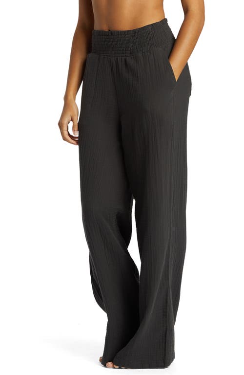 Shop Billabong New Waves Smock Waist Cotton Gauze Pants In Black Sands