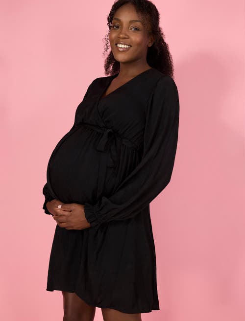 Motherhood Maternity Woven Wrap Long Sleeve Mini Dress In Black