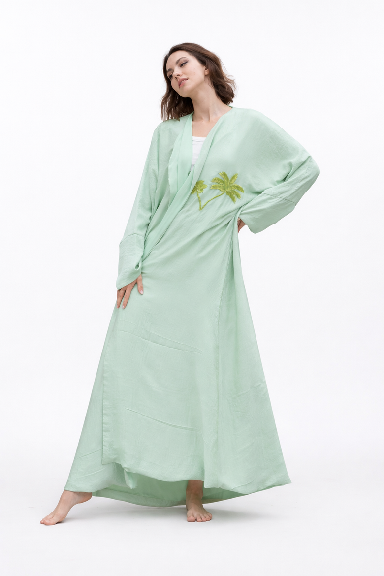 Palm Embroidered Silk Kaftan, Main, color, Green