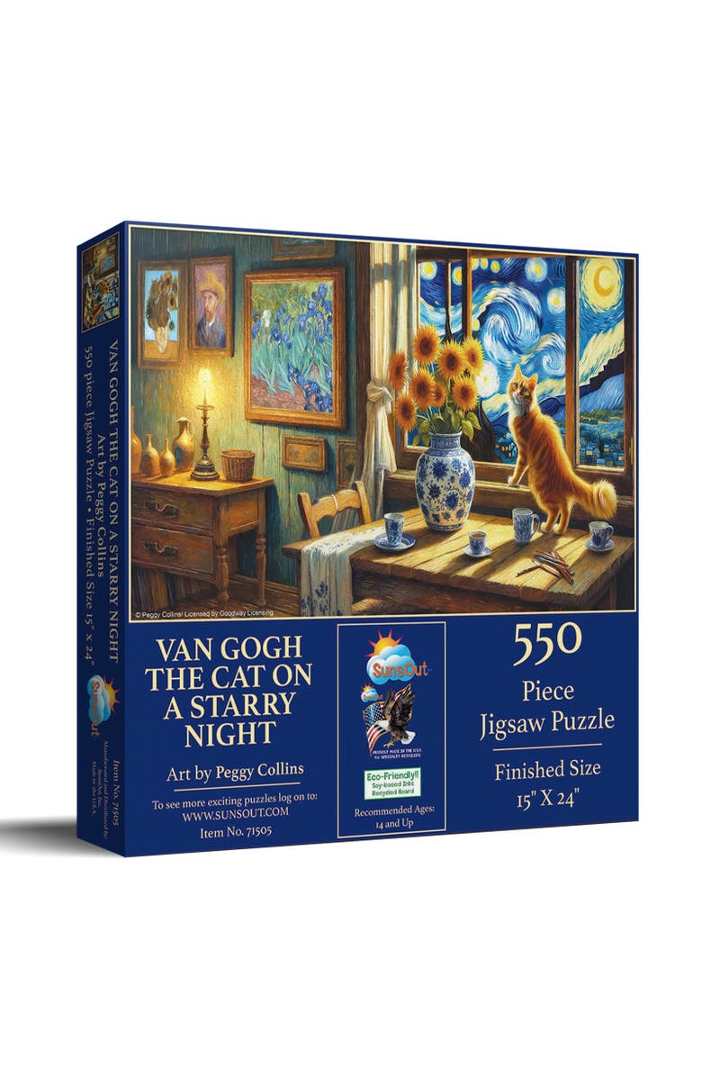 Sunsout Van Gogh the Cat on a Starry Night 550 piece Jigsaw Puzzle for Adults, Main, color, Multicolor