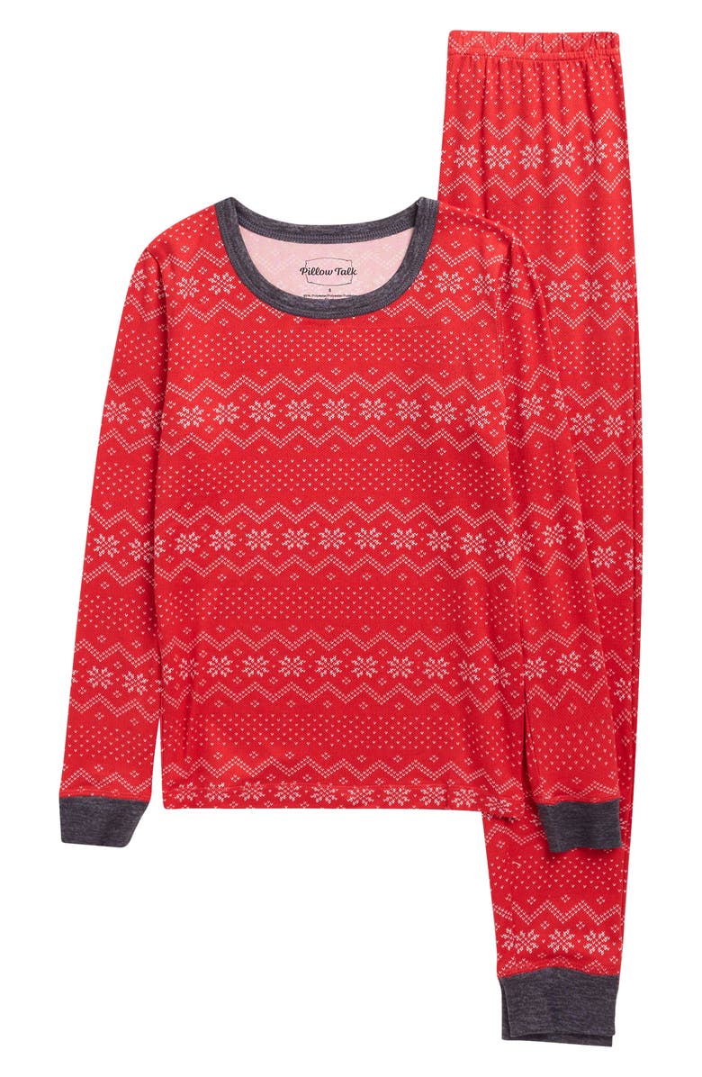 Pillow Talk Matching Family Fair Isle Long Sleeve Pajamas, Main, color, Red- White Snowflake Fair Isle