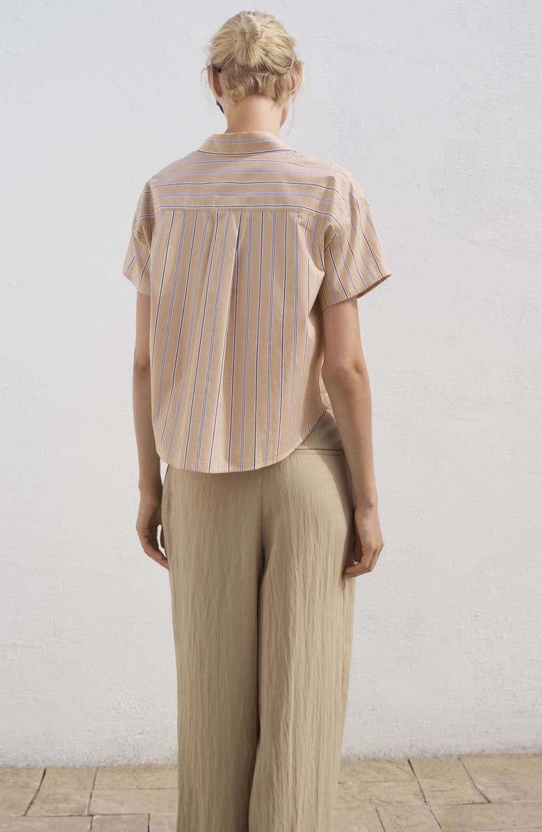 MANGO Stripe Short Sleeve Poplin Button-Up Shirt, Alternate, color, Light Brown