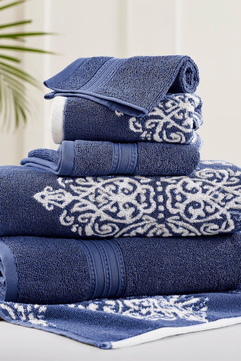 Gray Artesia Damask Reversible Yarn-Dyed Jacquard 6-Piece Towel Set, Main, color, INDIGO