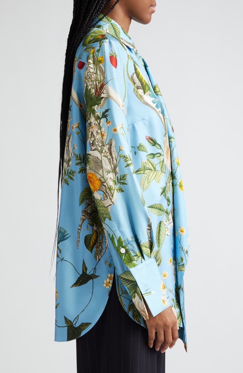 MONSE Floral Skeleton Print Silk Button-Up Shirt, Alternate, color, 