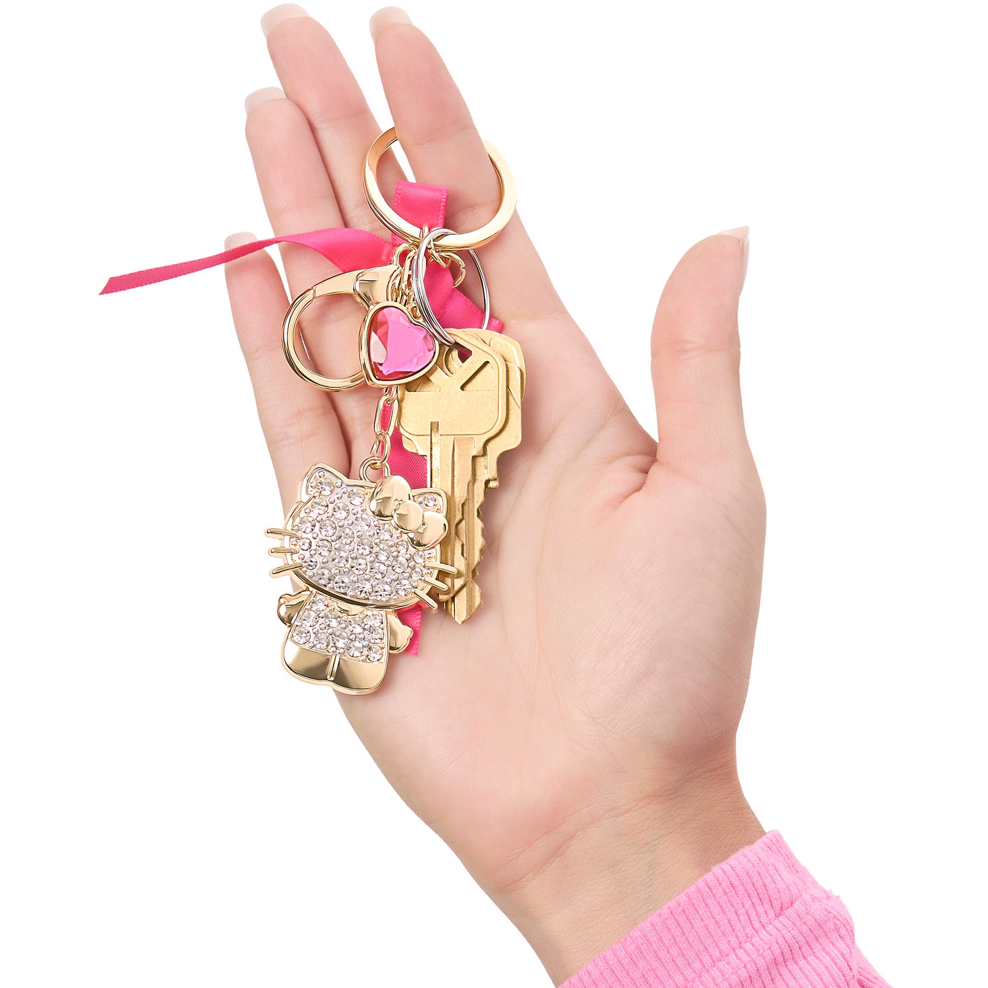 Hello Kitty Crystal Charm Keychain with Bow and Heart Accent, Alternate, color, Yellow Gold