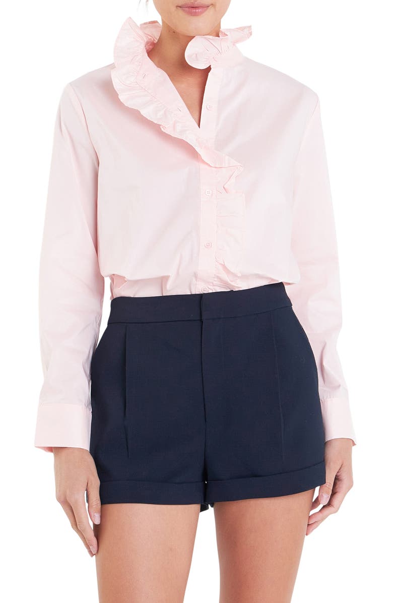 English Factory Ruffle Trim Button-Up Shirt, Main, color, 