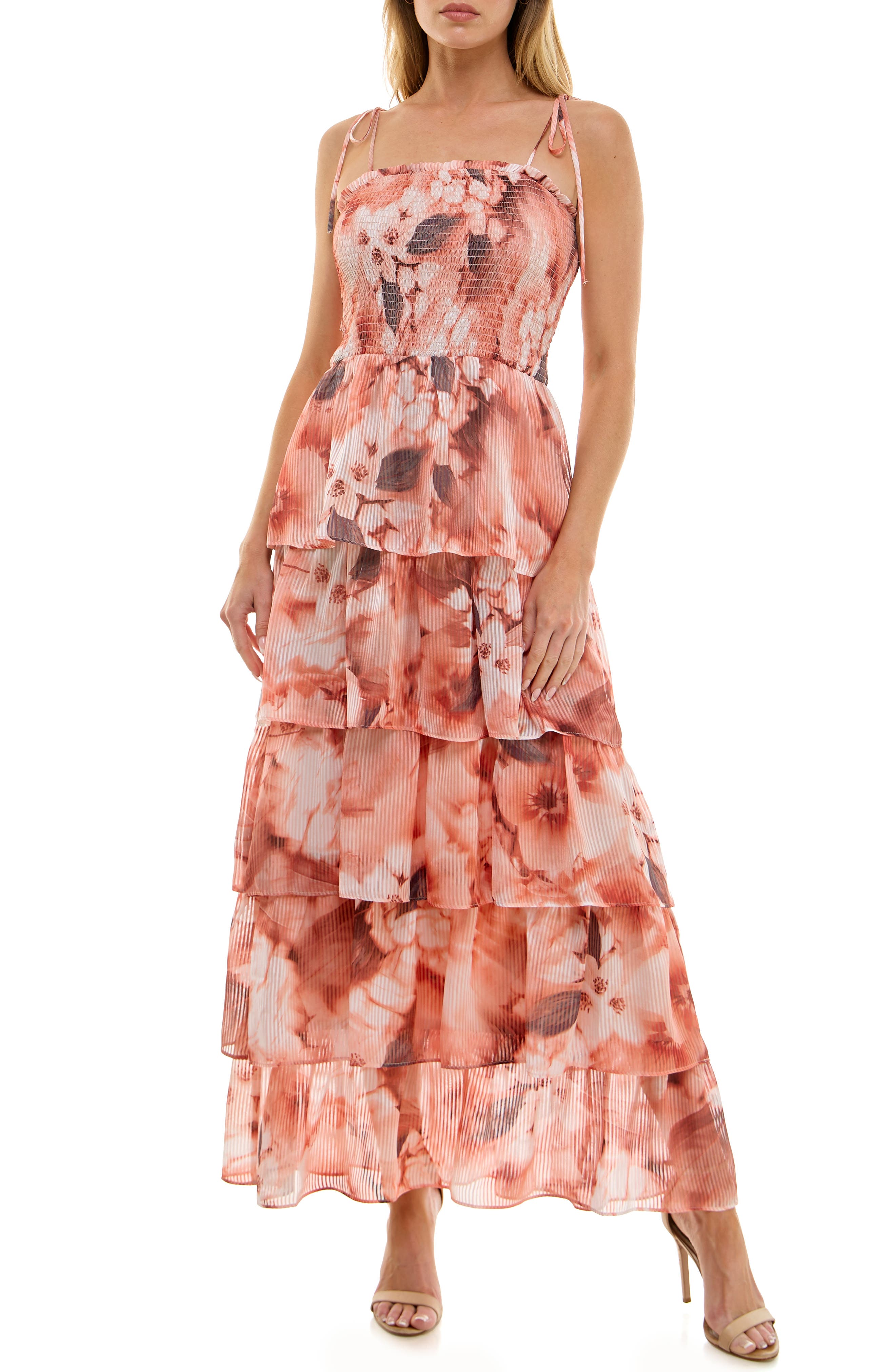 Socialite Floral Smocked Tie Strap Maxi Cocktail Dress